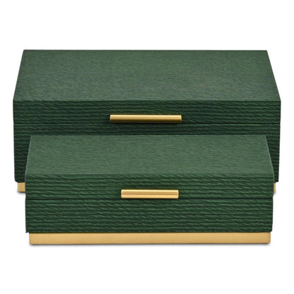 Set of Two Green And Gold Striped Nesting Storage Boxes With Lids HomeRoots