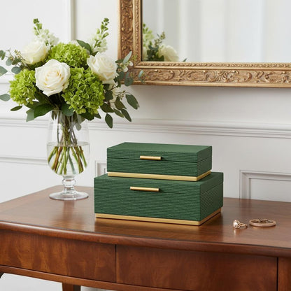 Set of Two Green And Gold Striped Nesting Storage Boxes With Lids HomeRoots