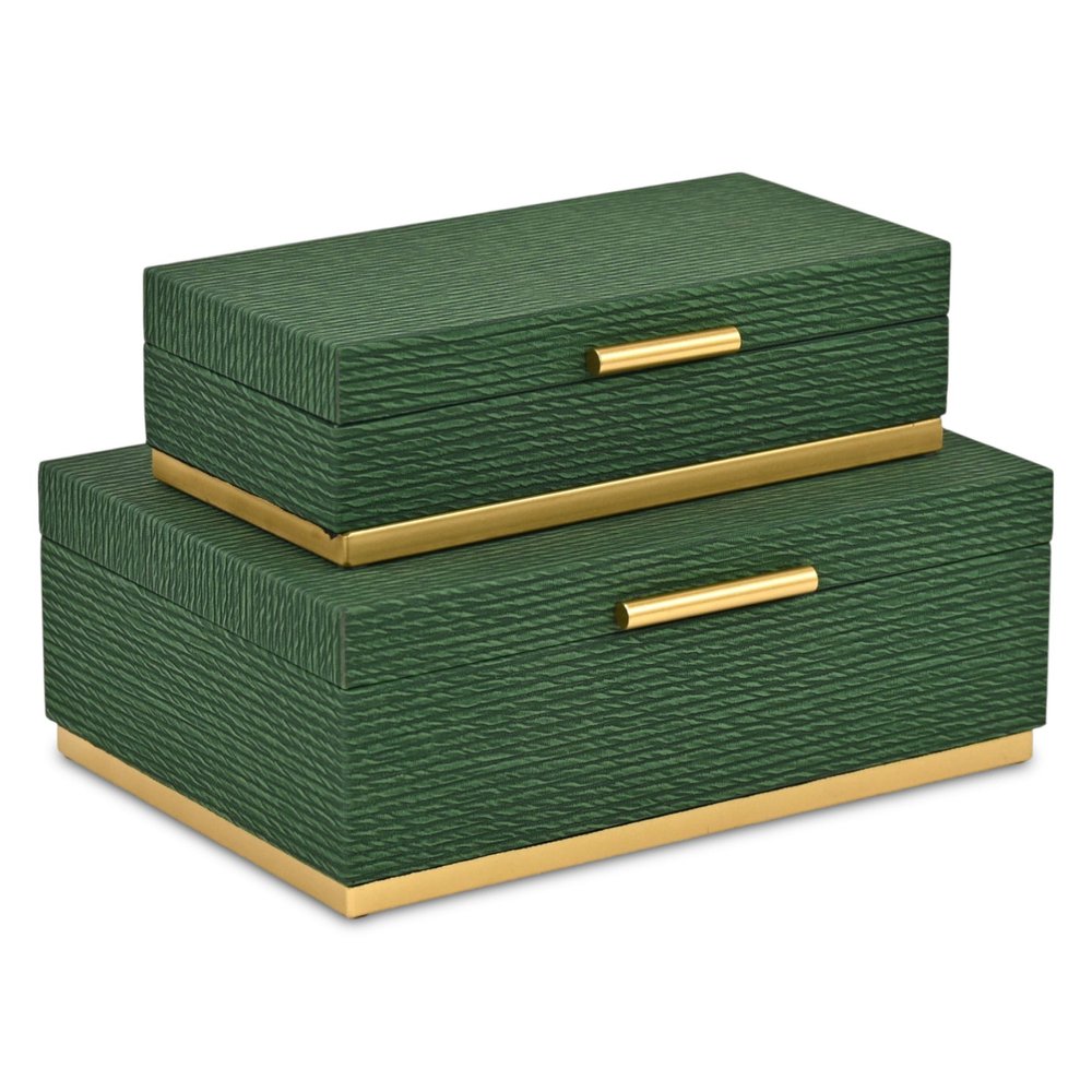 Set of Two Green And Gold Striped Nesting Storage Boxes With Lids HomeRoots