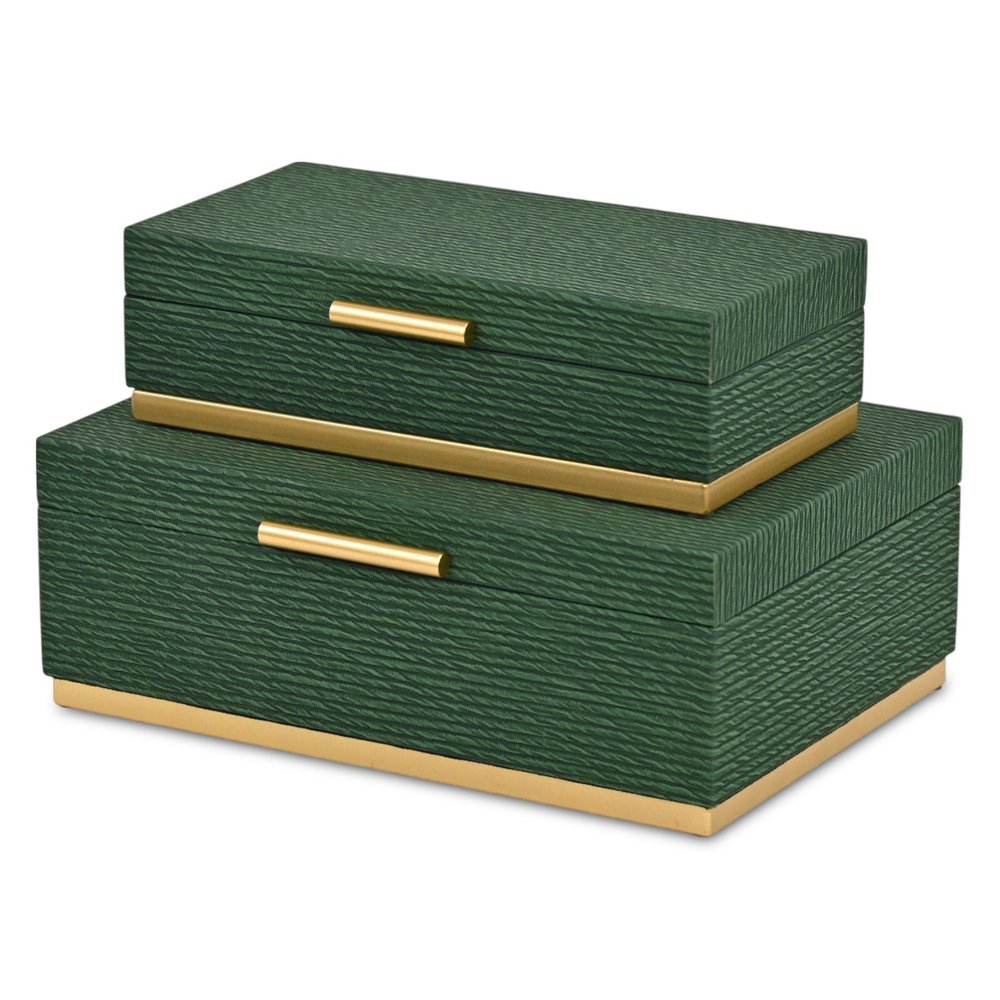 Set of Two Green And Gold Striped Nesting Storage Boxes With Lids HomeRoots