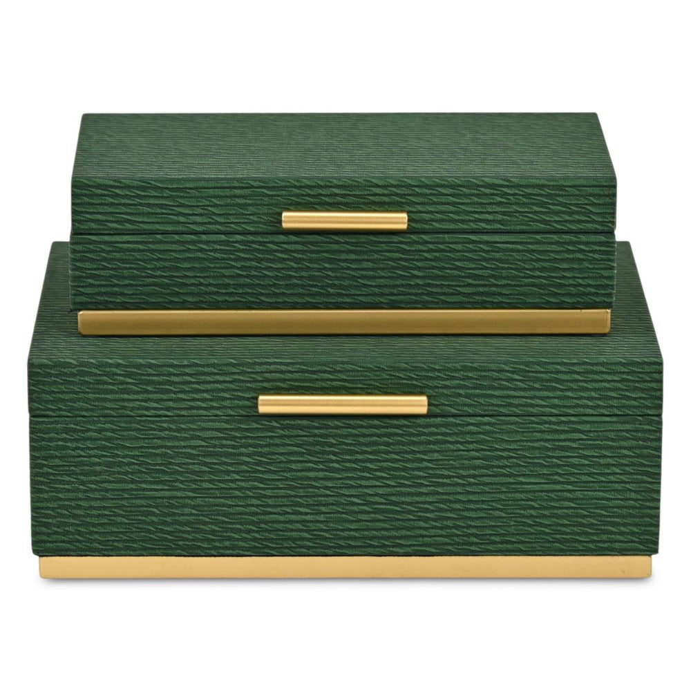 Set of Two Green And Gold Striped Nesting Storage Boxes With Lids HomeRoots
