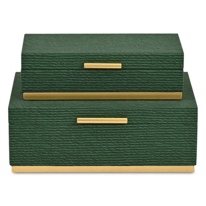Set of Two Green And Gold Striped Nesting Storage Boxes With Lids HomeRoots