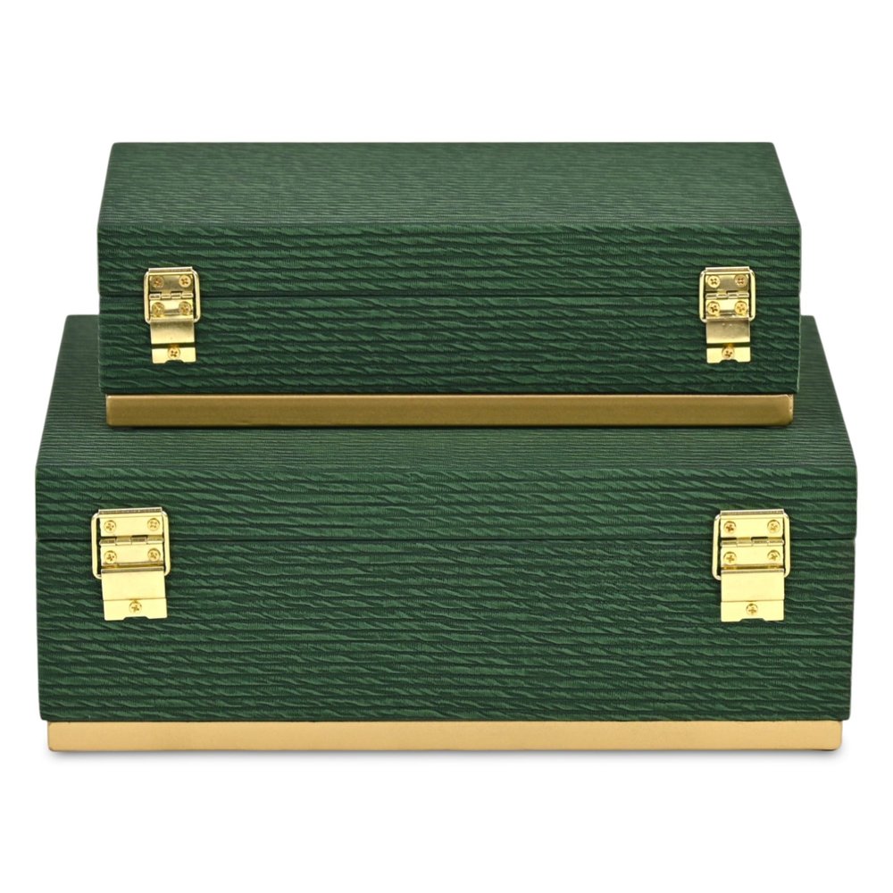 Set of Two Green And Gold Striped Nesting Storage Boxes With Lids HomeRoots
