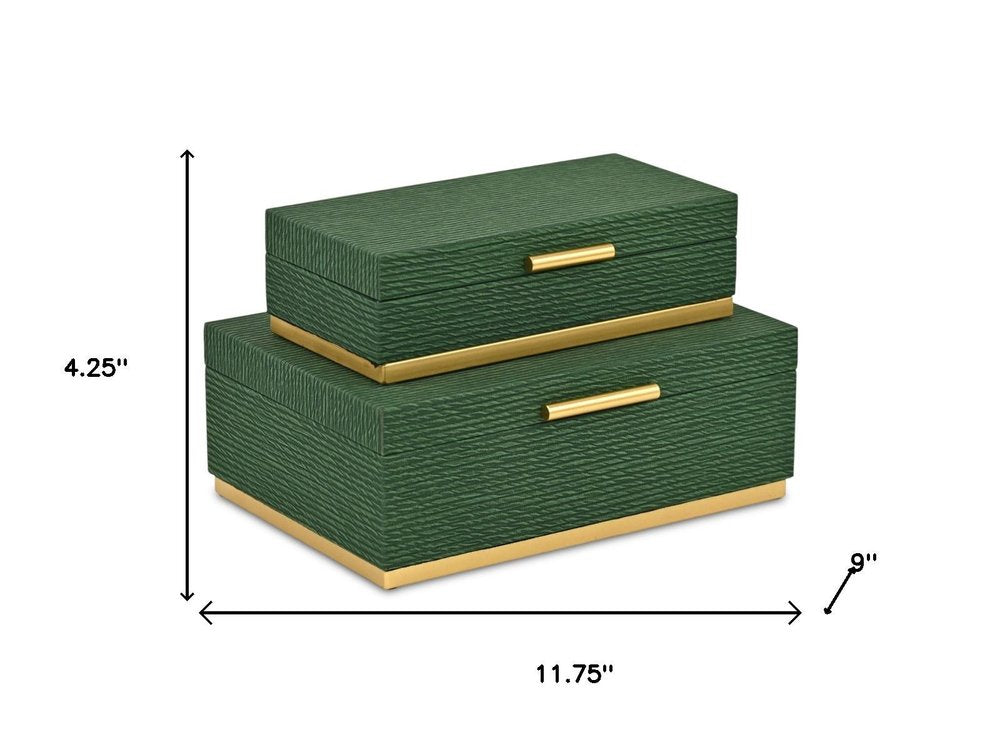 Set of Two Green And Gold Striped Nesting Storage Boxes With Lids HomeRoots