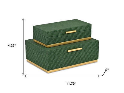 Set of Two Green And Gold Striped Nesting Storage Boxes With Lids HomeRoots