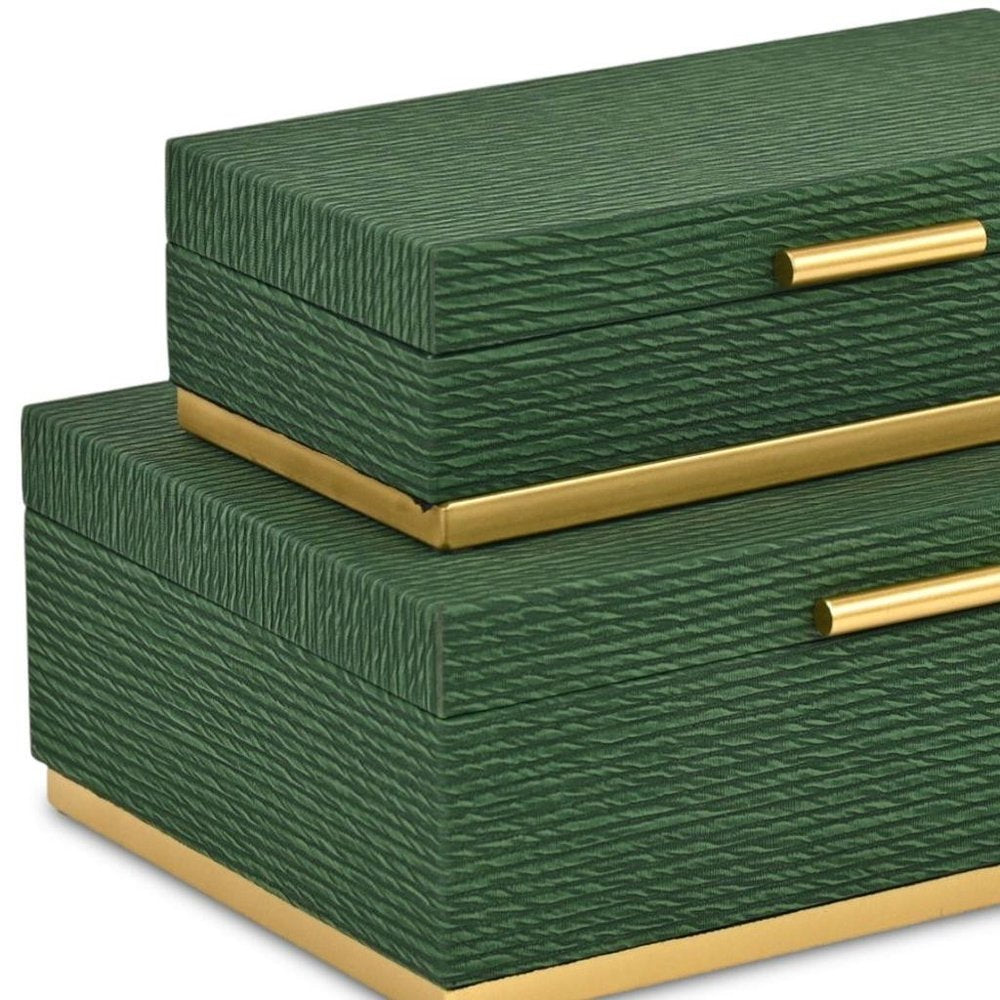 Set of Two Green And Gold Striped Nesting Storage Boxes With Lids HomeRoots