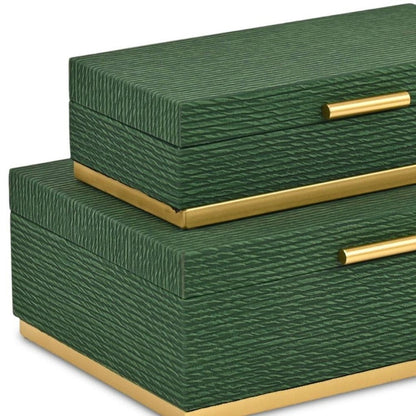 Set of Two Green And Gold Striped Nesting Storage Boxes With Lids HomeRoots