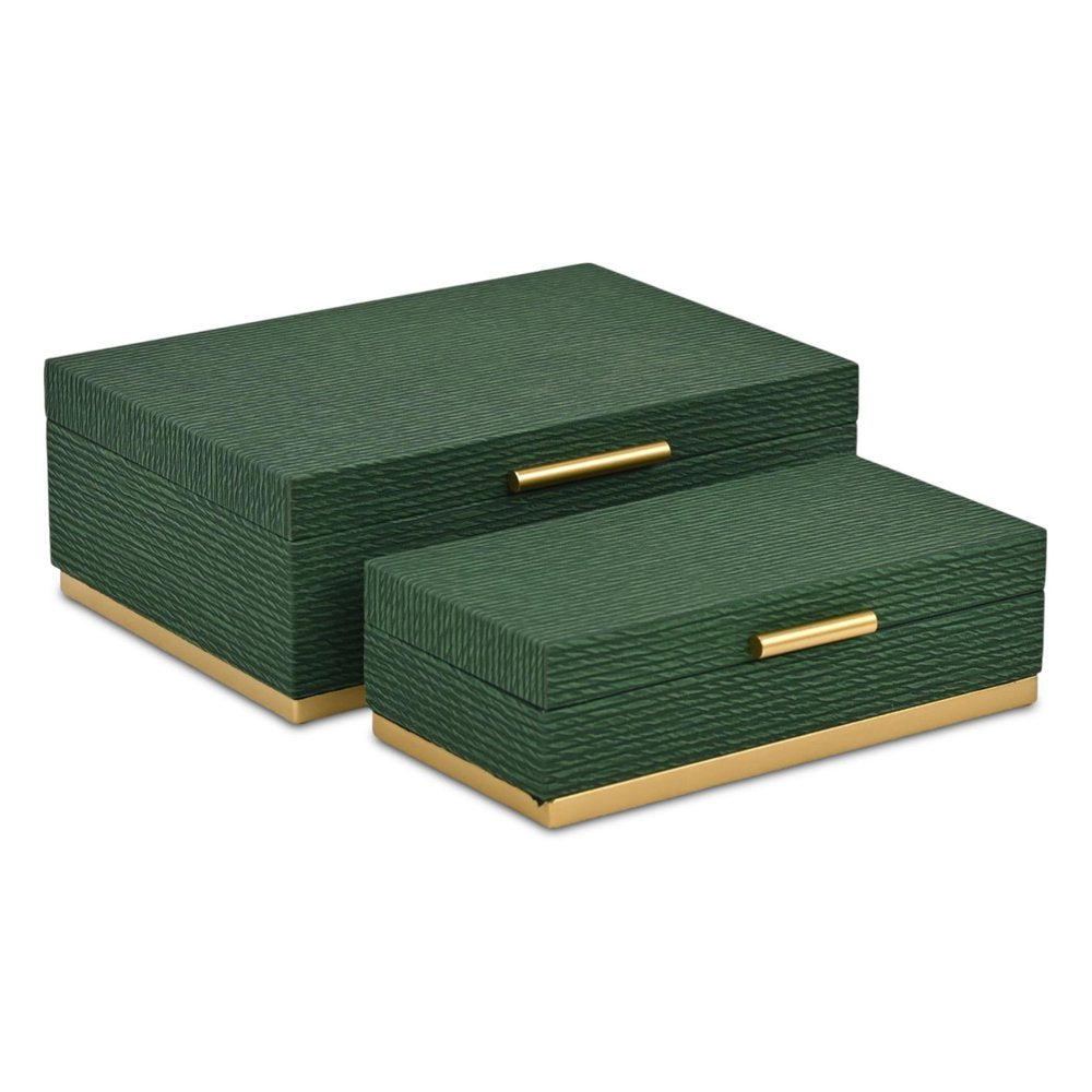 Set of Two Green And Gold Striped Nesting Storage Boxes With Lids HomeRoots
