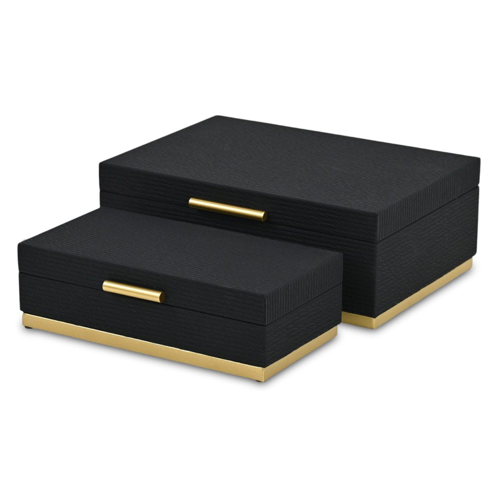 Set of Two Black And Gold Striped Nesting Storage Boxes With Lids HomeRoots