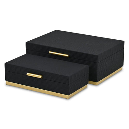 Set of Two Black And Gold Striped Nesting Storage Boxes With Lids HomeRoots