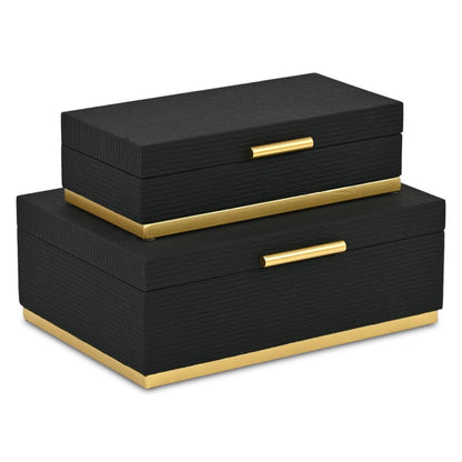Set of Two Black And Gold Striped Nesting Storage Boxes With Lids HomeRoots
