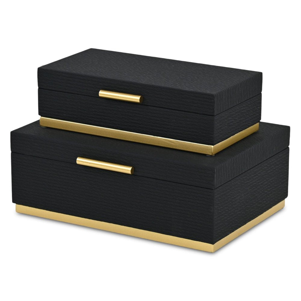 Set of Two Black And Gold Striped Nesting Storage Boxes With Lids HomeRoots