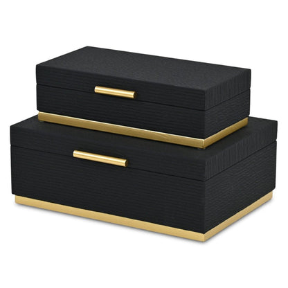Set of Two Black And Gold Striped Nesting Storage Boxes With Lids HomeRoots