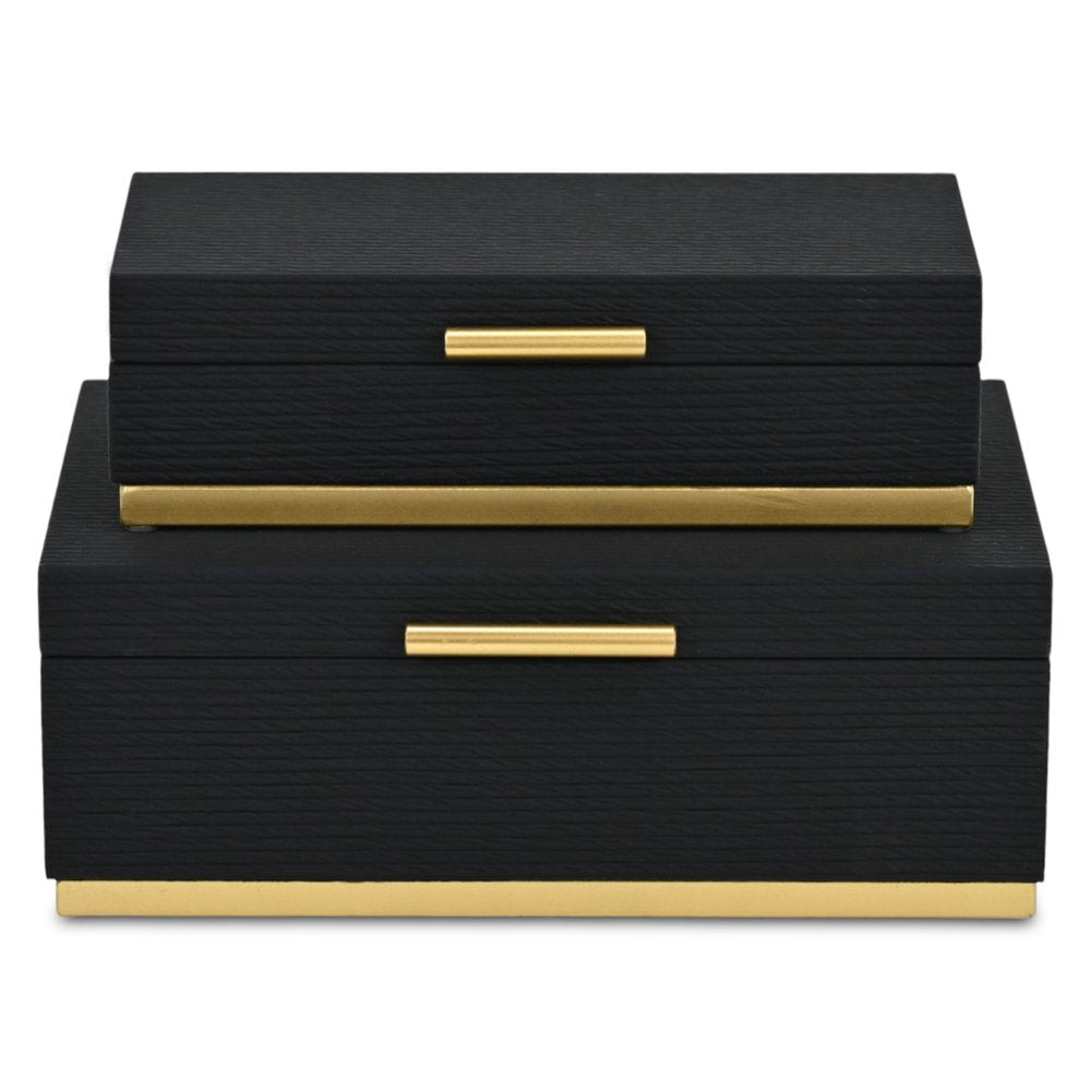 Set of Two Black And Gold Striped Nesting Storage Boxes With Lids HomeRoots