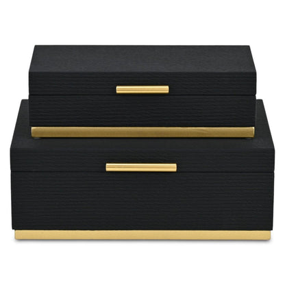 Set of Two Black And Gold Striped Nesting Storage Boxes With Lids HomeRoots