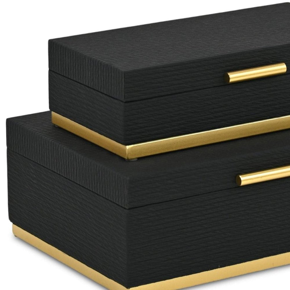 Set of Two Black And Gold Striped Nesting Storage Boxes With Lids HomeRoots