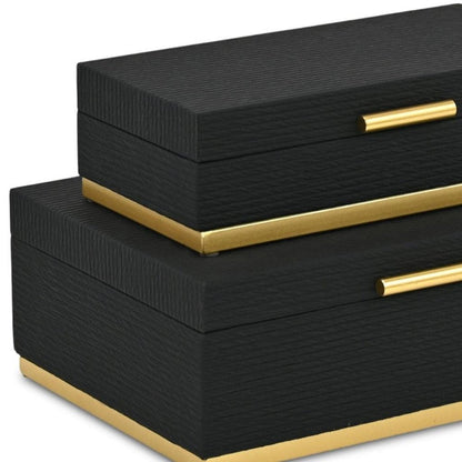 Set of Two Black And Gold Striped Nesting Storage Boxes With Lids HomeRoots