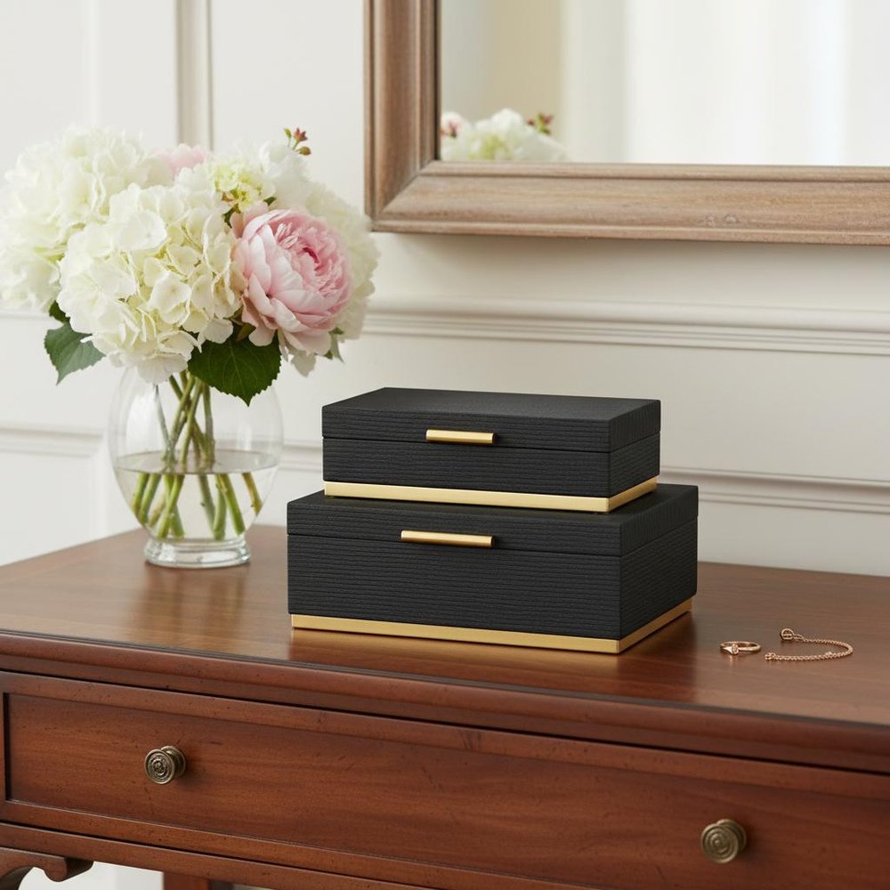 Set of Two Black And Gold Striped Nesting Storage Boxes With Lids HomeRoots