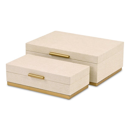 Set of Two Cream And Gold Striped Nesting Storage Boxes With Lids