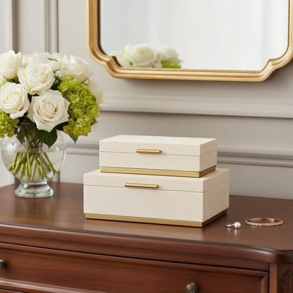 Set of Two Cream And Gold Striped Nesting Storage Boxes With Lids