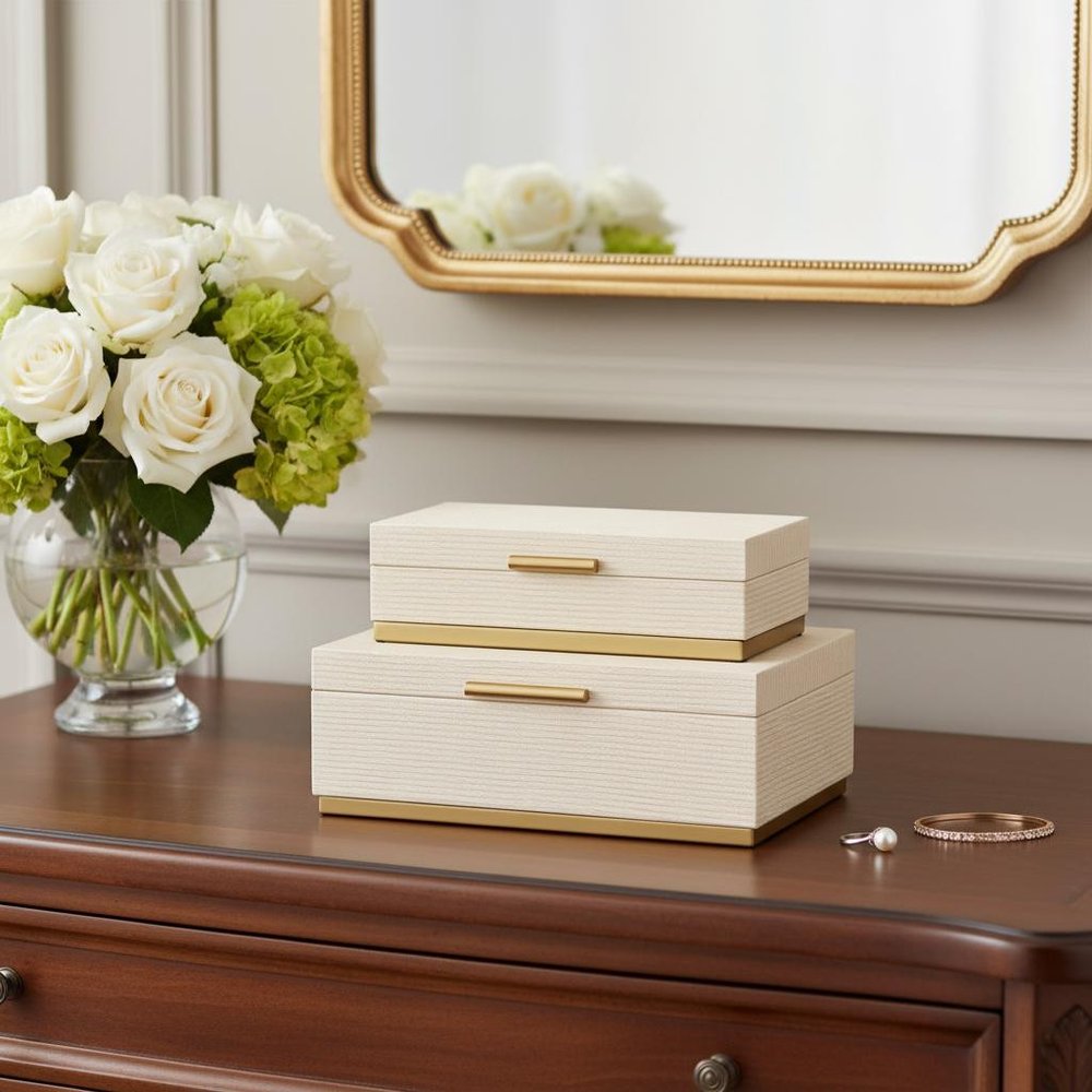 Set of Two Cream And Gold Striped Nesting Storage Boxes With Lids — view 11