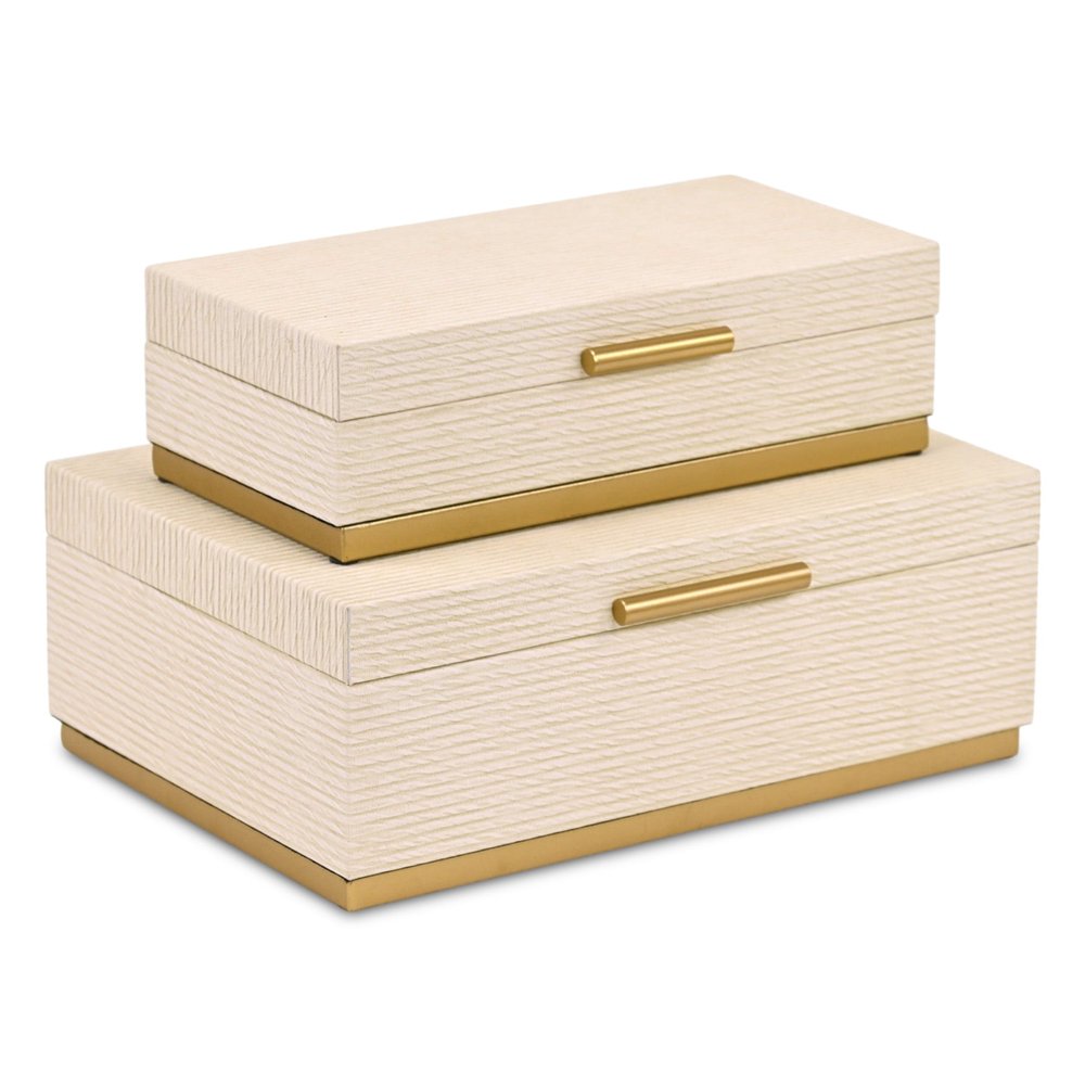 Set of Two Cream And Gold Striped Nesting Storage Boxes With Lids HomeRoots