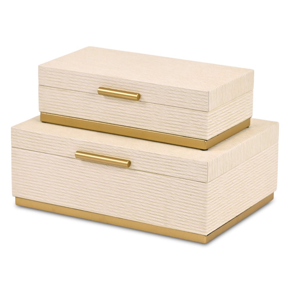 Set of Two Cream And Gold Striped Nesting Storage Boxes With Lids HomeRoots