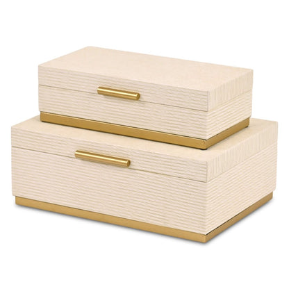 Set of Two Cream And Gold Striped Nesting Storage Boxes With Lids HomeRoots