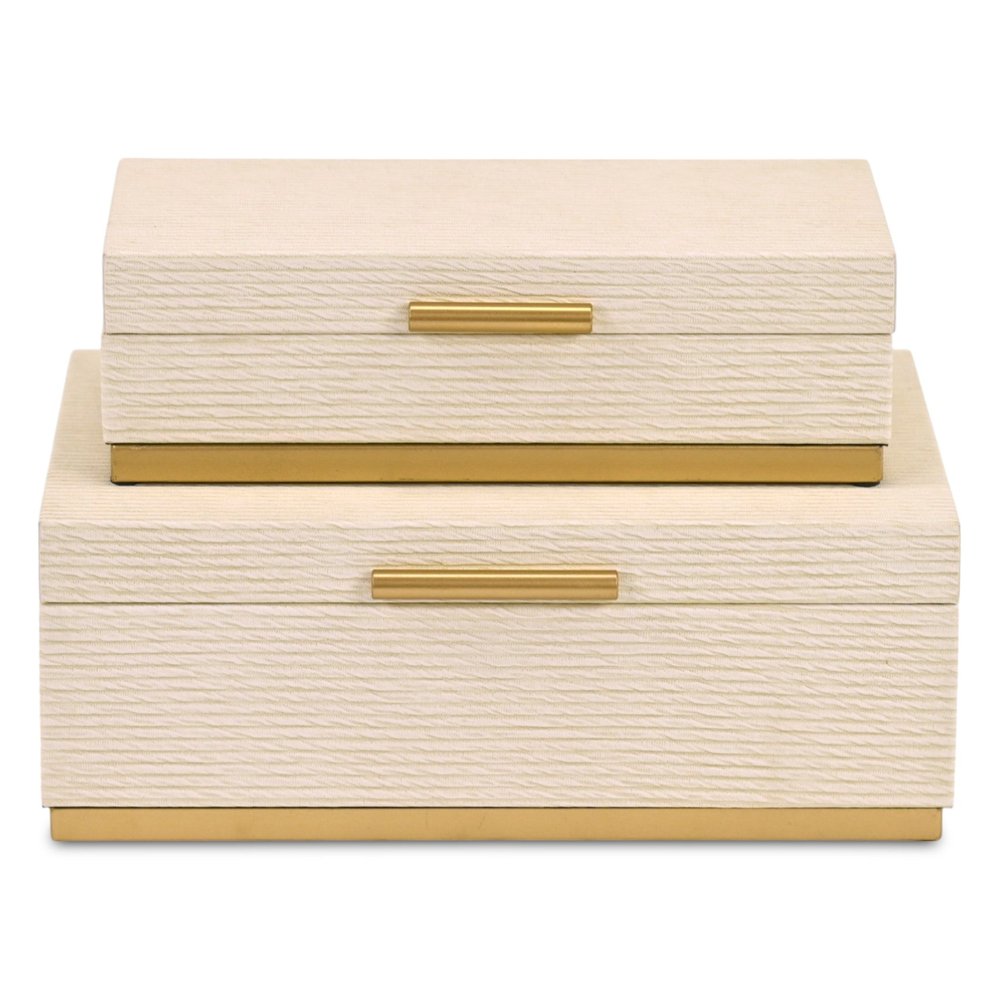 Set of Two Cream And Gold Striped Nesting Storage Boxes With Lids HomeRoots