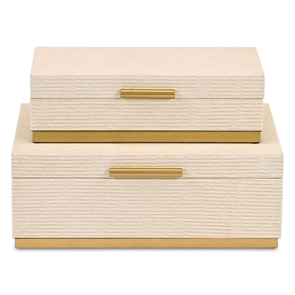 Set of Two Cream And Gold Striped Nesting Storage Boxes With Lids HomeRoots
