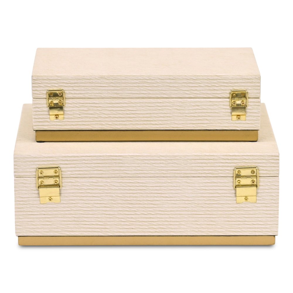 Set of Two Cream And Gold Striped Nesting Storage Boxes With Lids HomeRoots