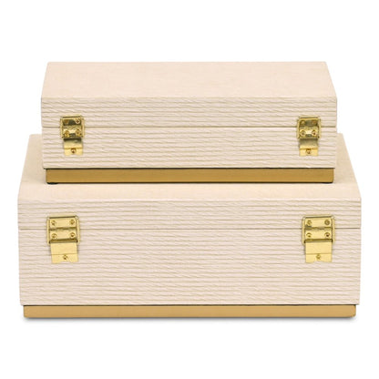 Set of Two Cream And Gold Striped Nesting Storage Boxes With Lids HomeRoots