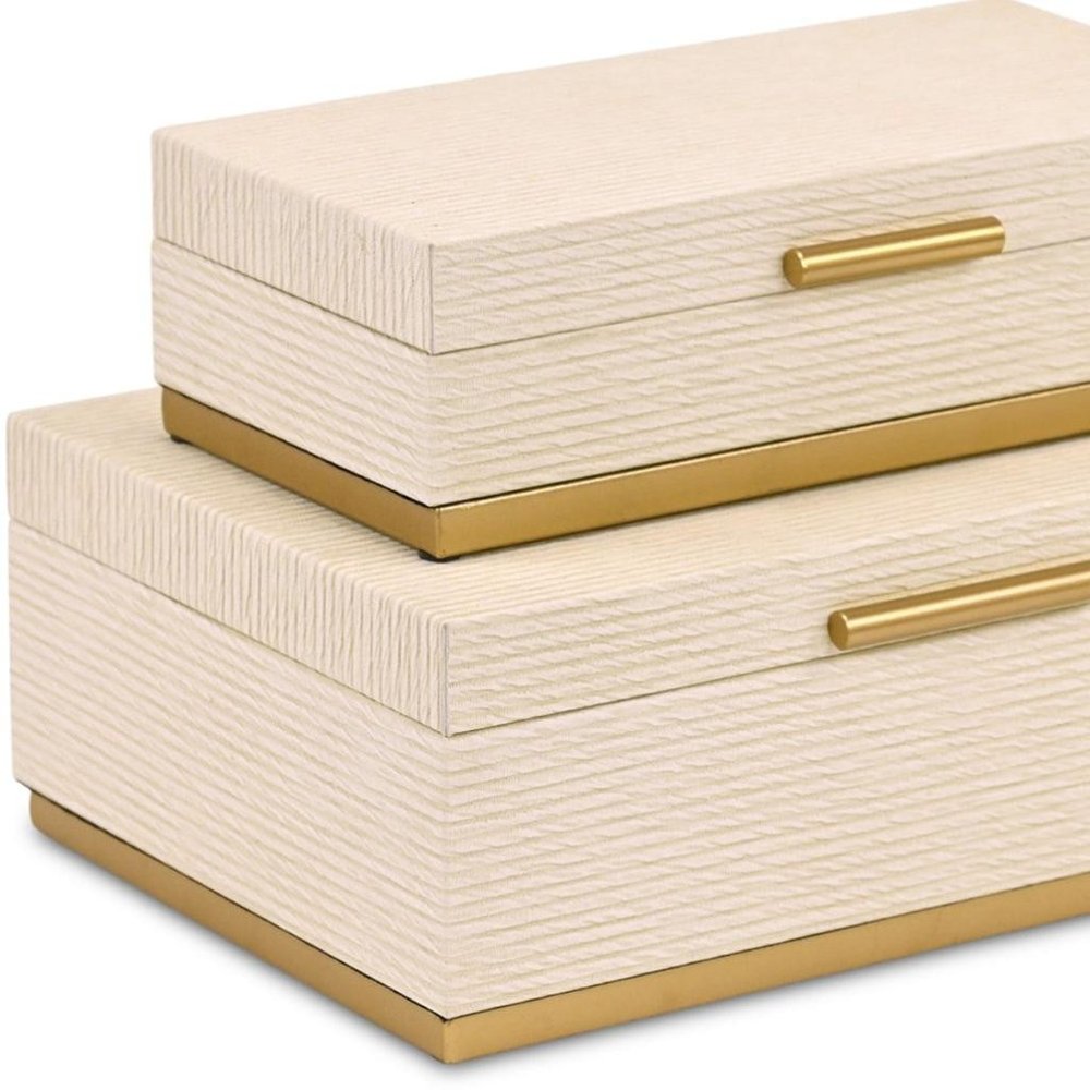 Set of Two Cream And Gold Striped Nesting Storage Boxes With Lids HomeRoots