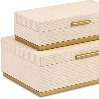 Set of Two Cream And Gold Striped Nesting Storage Boxes With Lids HomeRoots