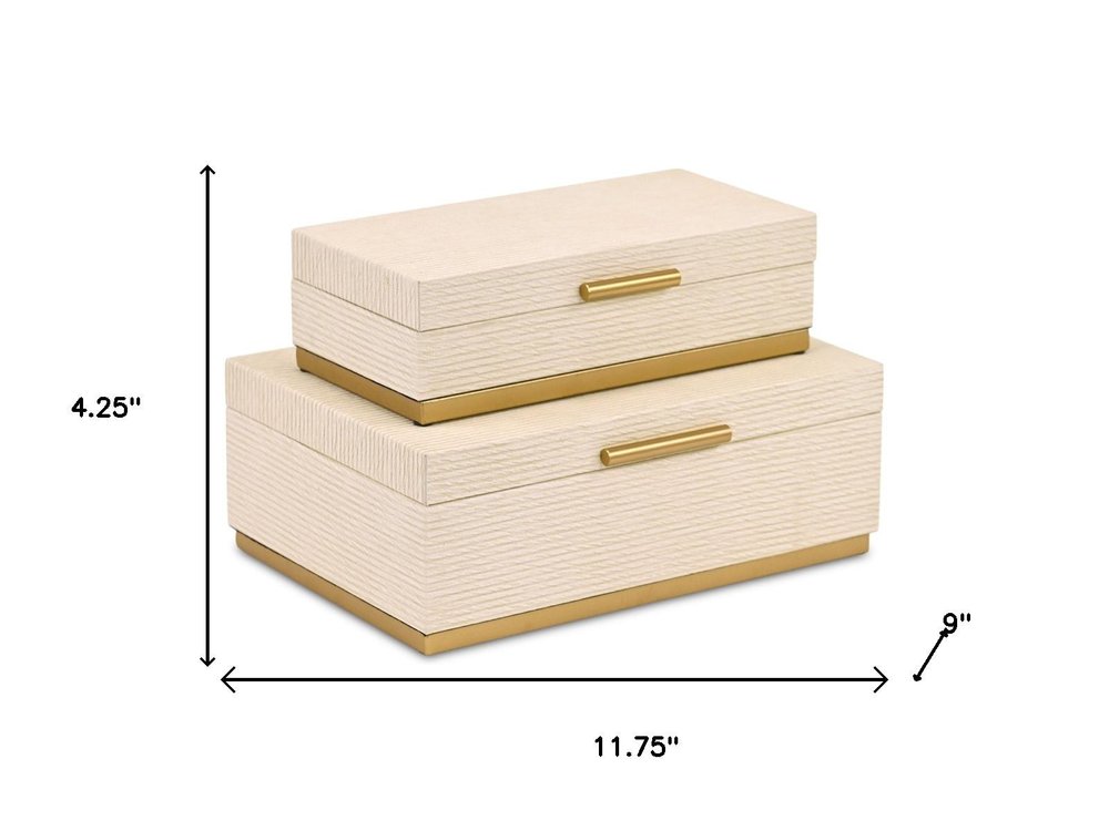Set of Two Cream And Gold Striped Nesting Storage Boxes With Lids