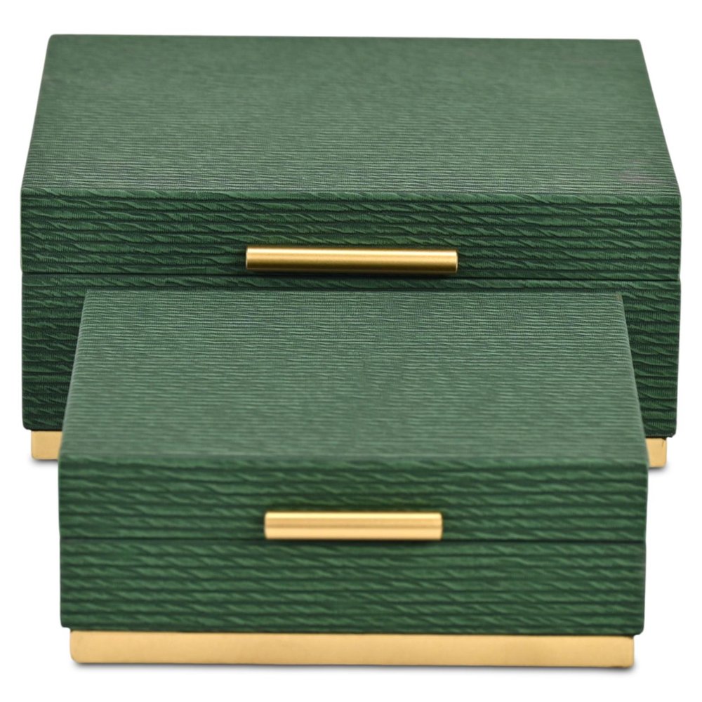 Set of Two Green And Gold Striped Square Nesting Storage Boxes With Lids HomeRoots