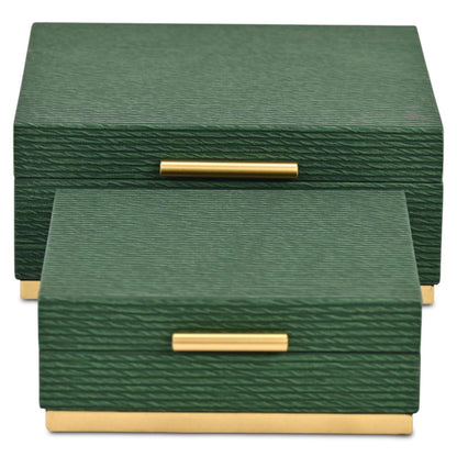 Set of Two Green And Gold Striped Square Nesting Storage Boxes With Lids HomeRoots