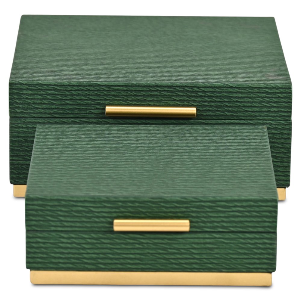 Set of Two Green And Gold Striped Square Nesting Storage Boxes With Lids HomeRoots