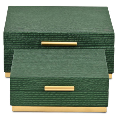 Set of Two Green And Gold Striped Square Nesting Storage Boxes With Lids HomeRoots