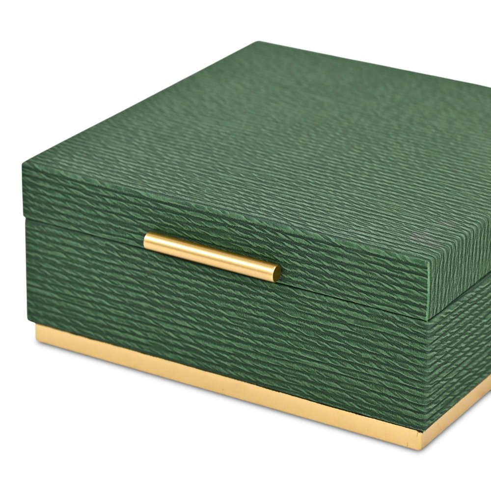Set of Two Green And Gold Striped Square Nesting Storage Boxes With Lids HomeRoots