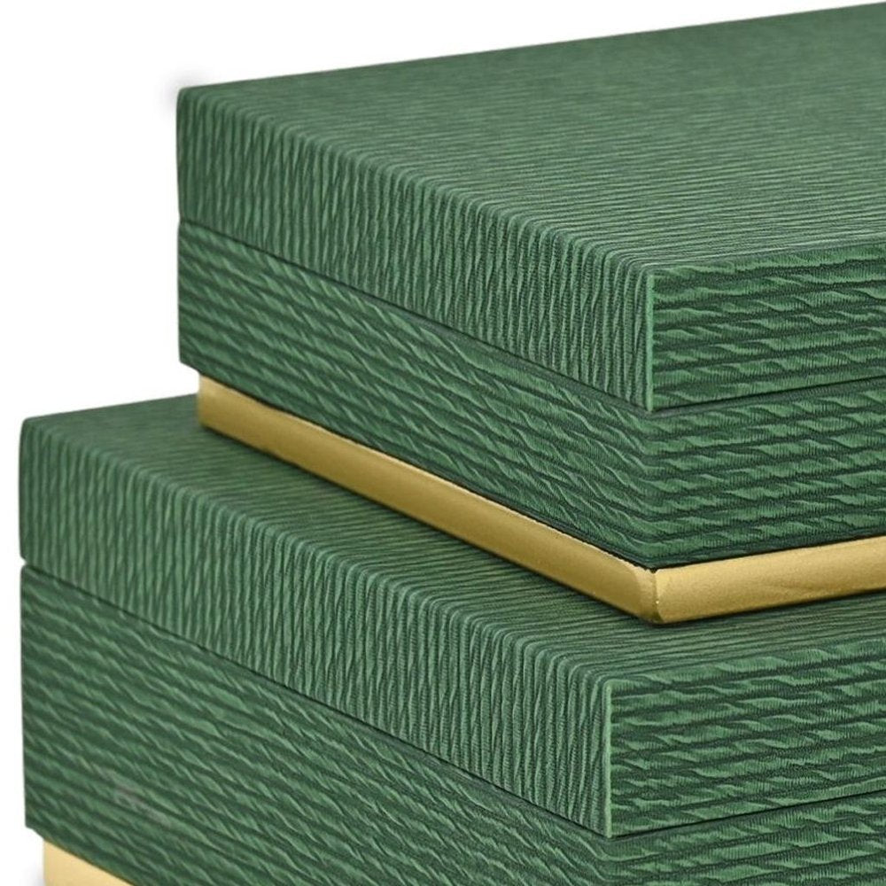 Set of Two Green And Gold Striped Square Nesting Storage Boxes With Lids HomeRoots