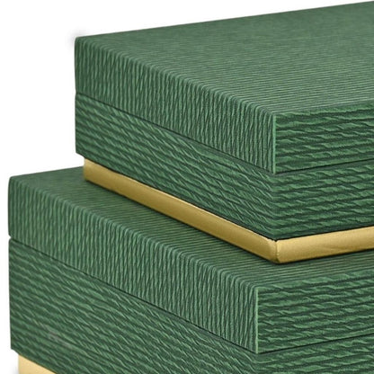 Set of Two Green And Gold Striped Square Nesting Storage Boxes With Lids HomeRoots