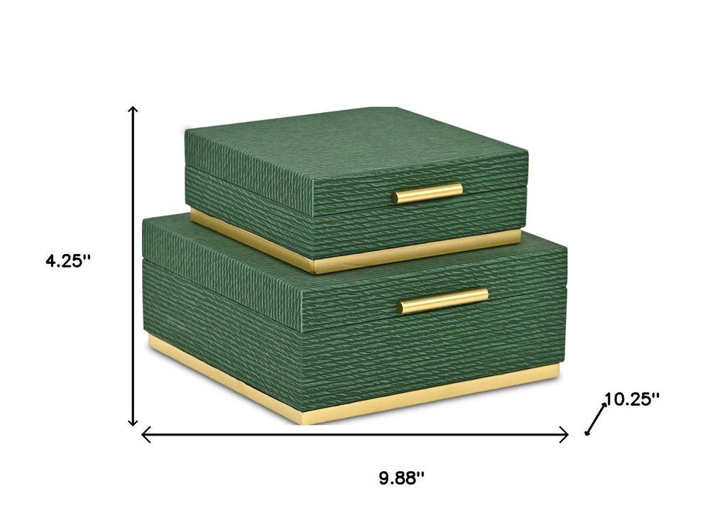 Set of Two Green And Gold Striped Square Nesting Storage Boxes With Lids HomeRoots