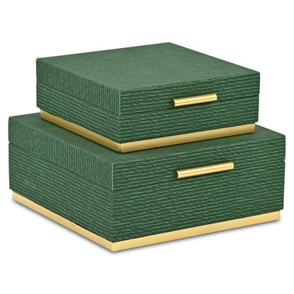 Set of Two Green And Gold Striped Square Nesting Storage Boxes With Lids HomeRoots
