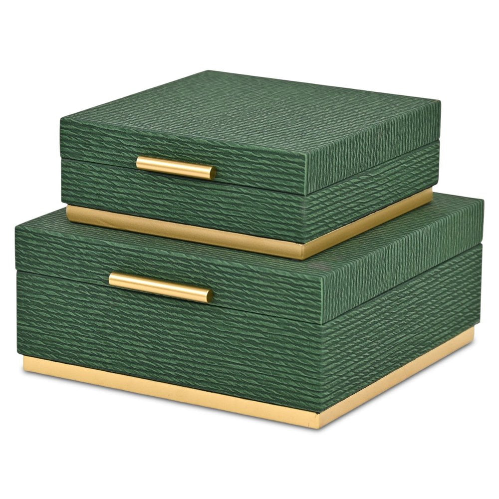 Set of Two Green And Gold Striped Square Nesting Storage Boxes With Lids HomeRoots