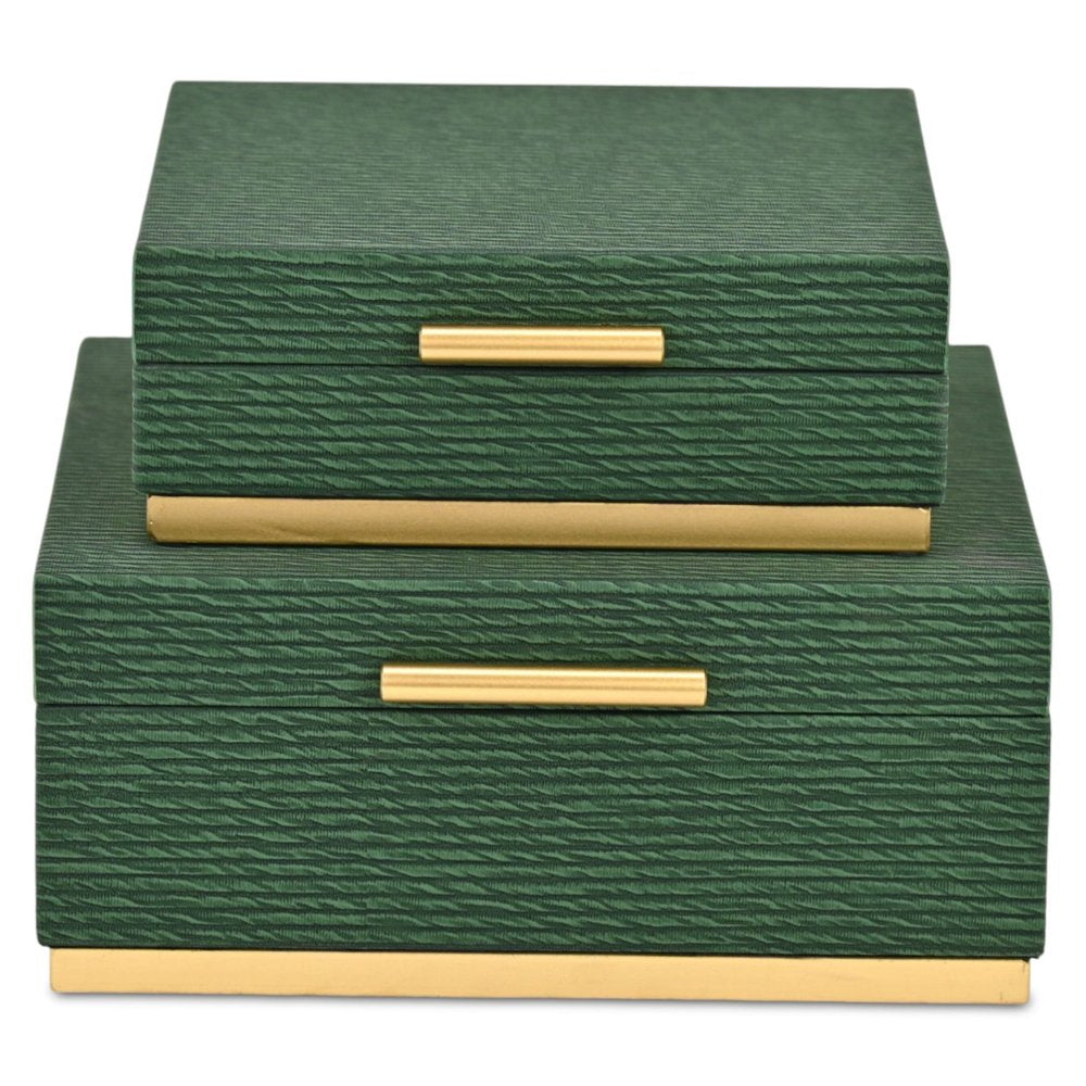 Set of Two Green And Gold Striped Square Nesting Storage Boxes With Lids HomeRoots