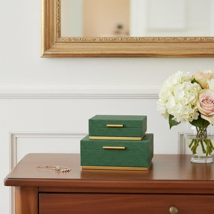 Set of Two Green And Gold Striped Square Nesting Storage Boxes With Lids HomeRoots