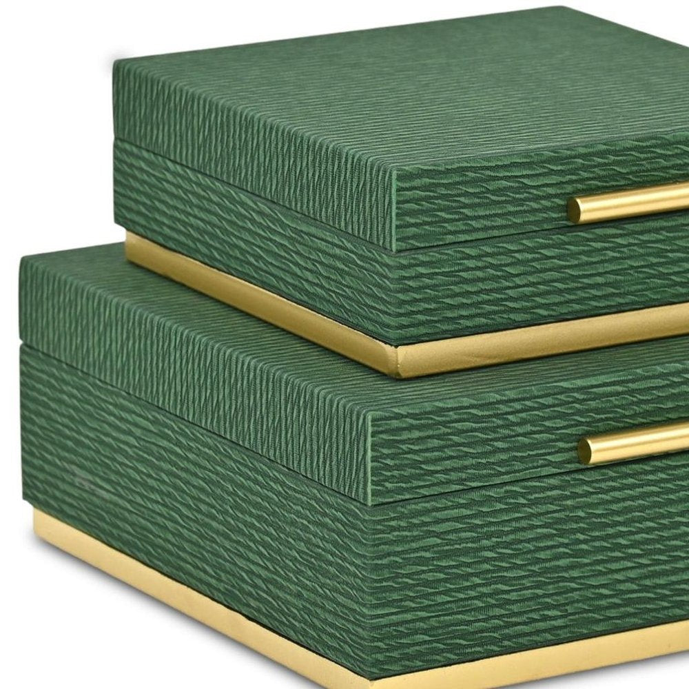 Set of Two Green And Gold Striped Square Nesting Storage Boxes With Lids HomeRoots