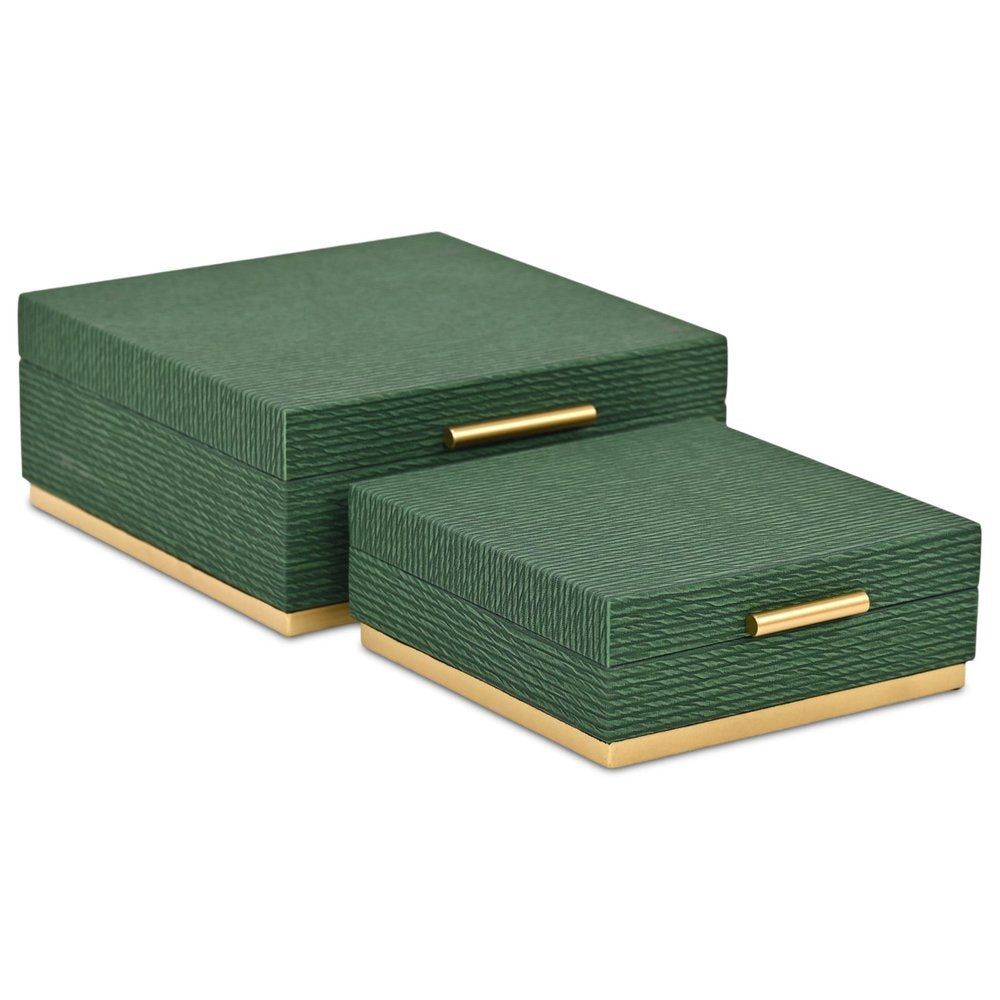 Set of Two Green And Gold Striped Square Nesting Storage Boxes With Lids HomeRoots