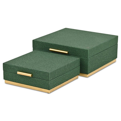 Set of Two Green And Gold Striped Square Nesting Storage Boxes With Lids HomeRoots
